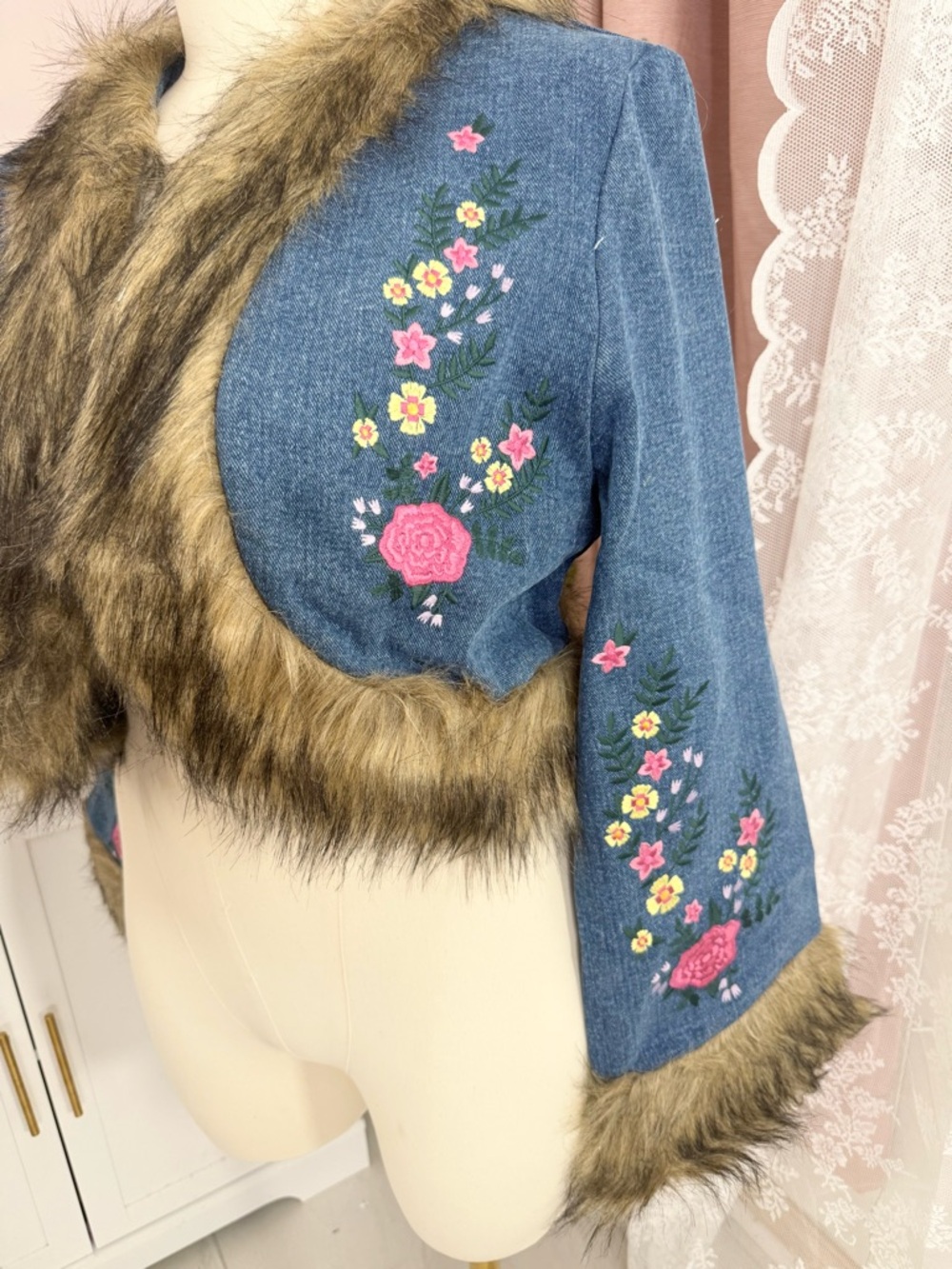 Sugar Thrillz Blue Embroidered Faux-Fur Trim Cropped Jacket Bin#1 - Picture 2 of 5